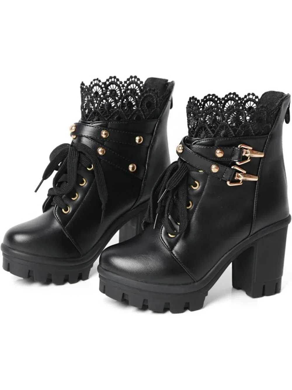 Women's Black Microfiber High Chunky Heel Lace Buckle Combat Ankle Booties